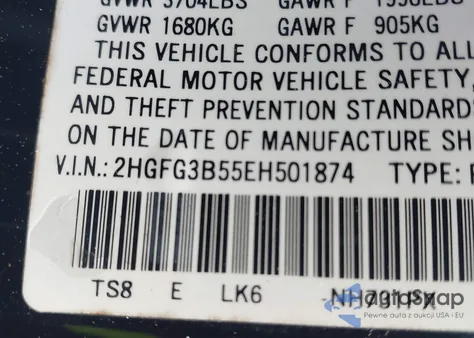 2014 Honda Civic Lx z USA, uszkodzony, nr VIN 2HGFG3B55EH501874